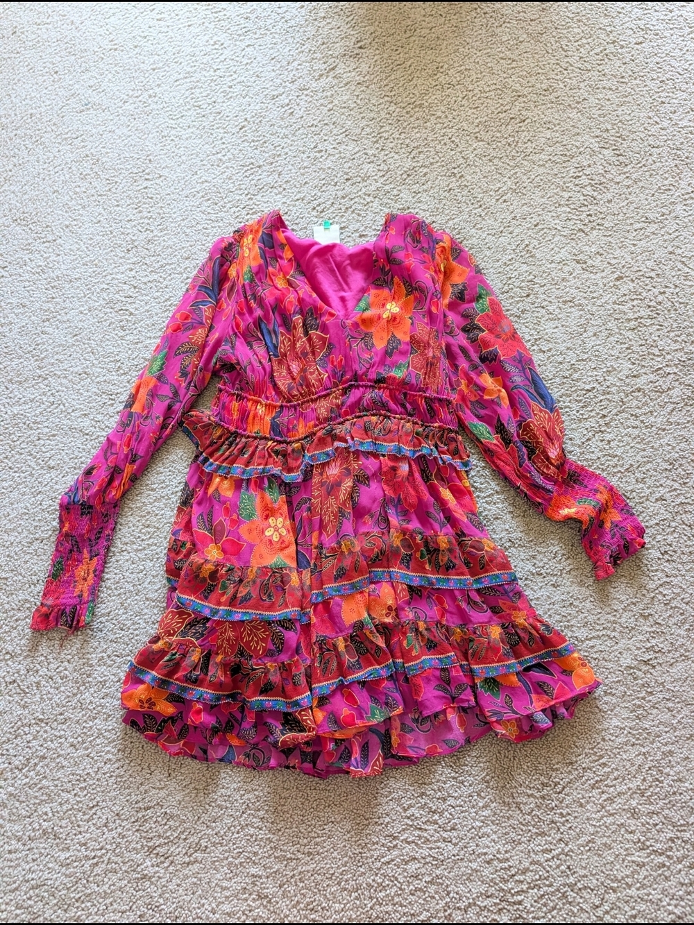 FARM Rio Pink Floral Tiered Long-Sleeve Mini Dress